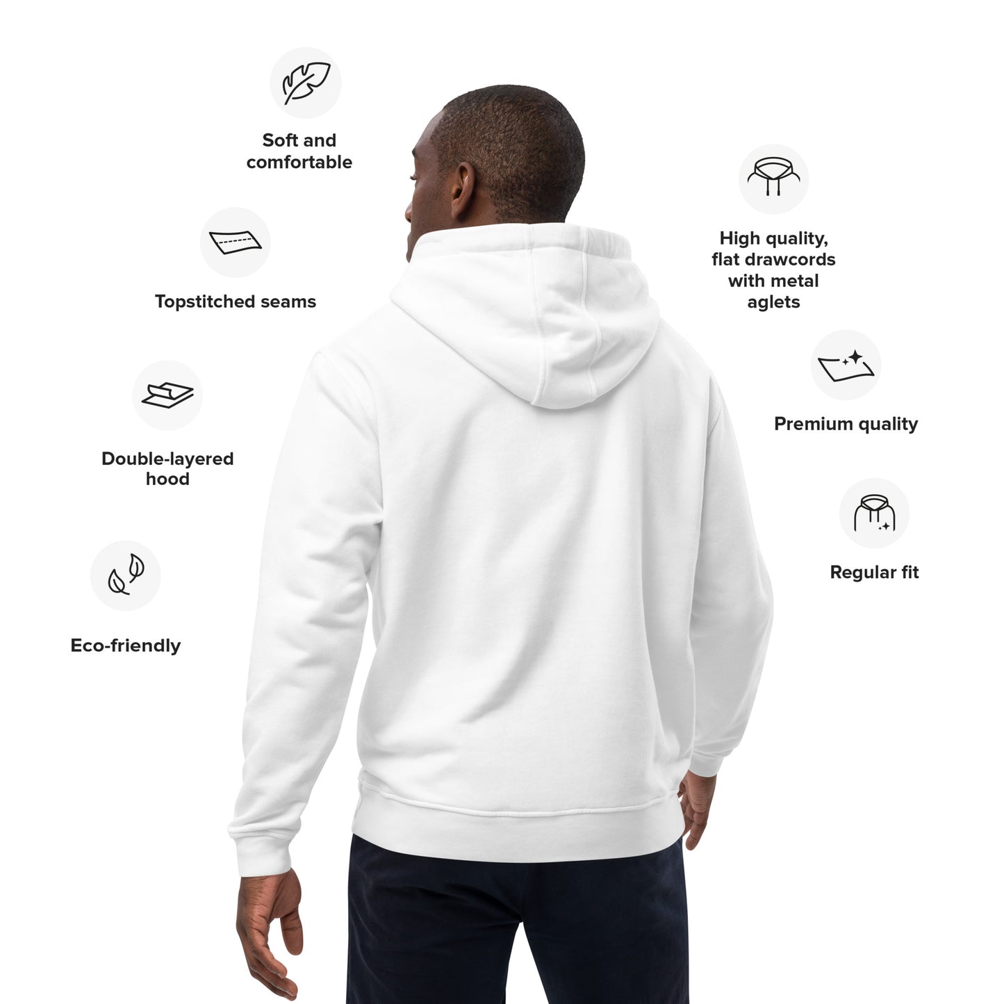 Morelos eco hoodie in man, back view and hoodie features