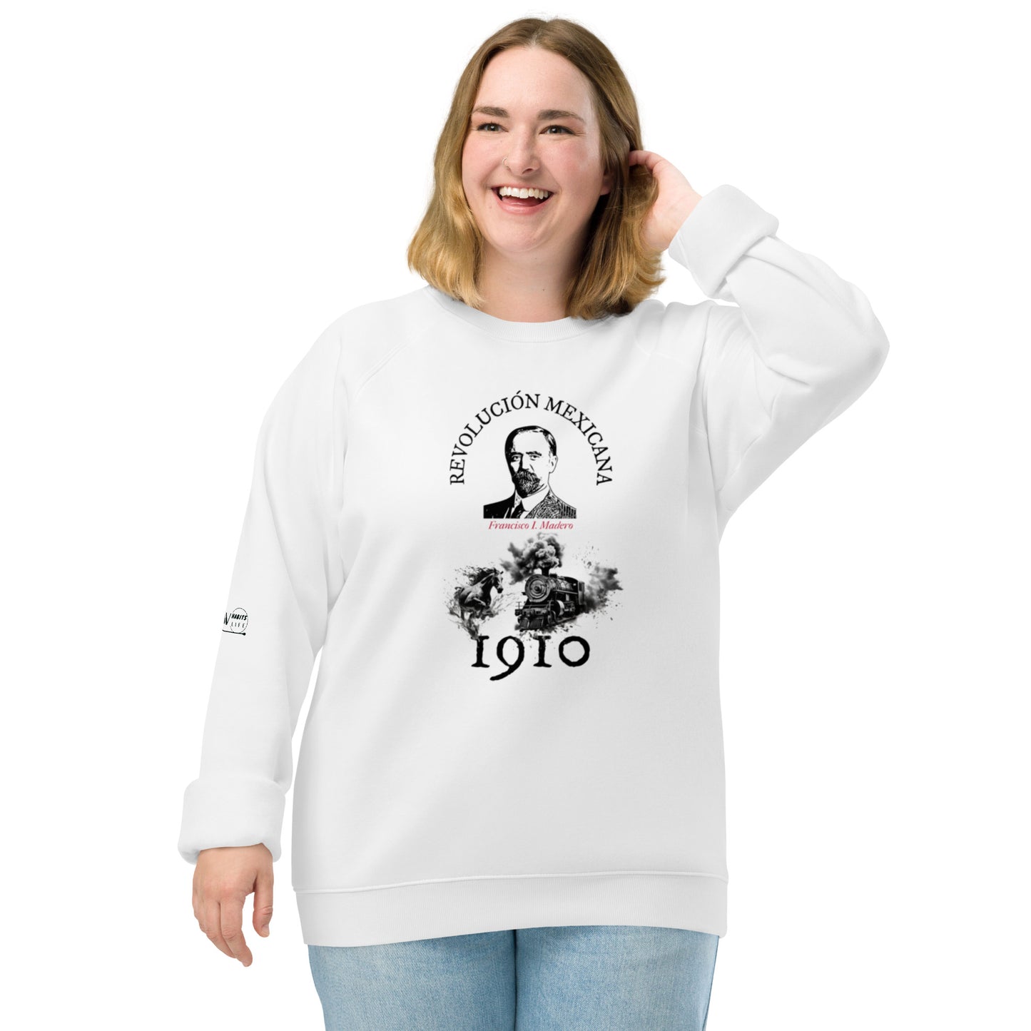 Francisco I. Madero organic raglan sweatshirt in smiling woman, front side