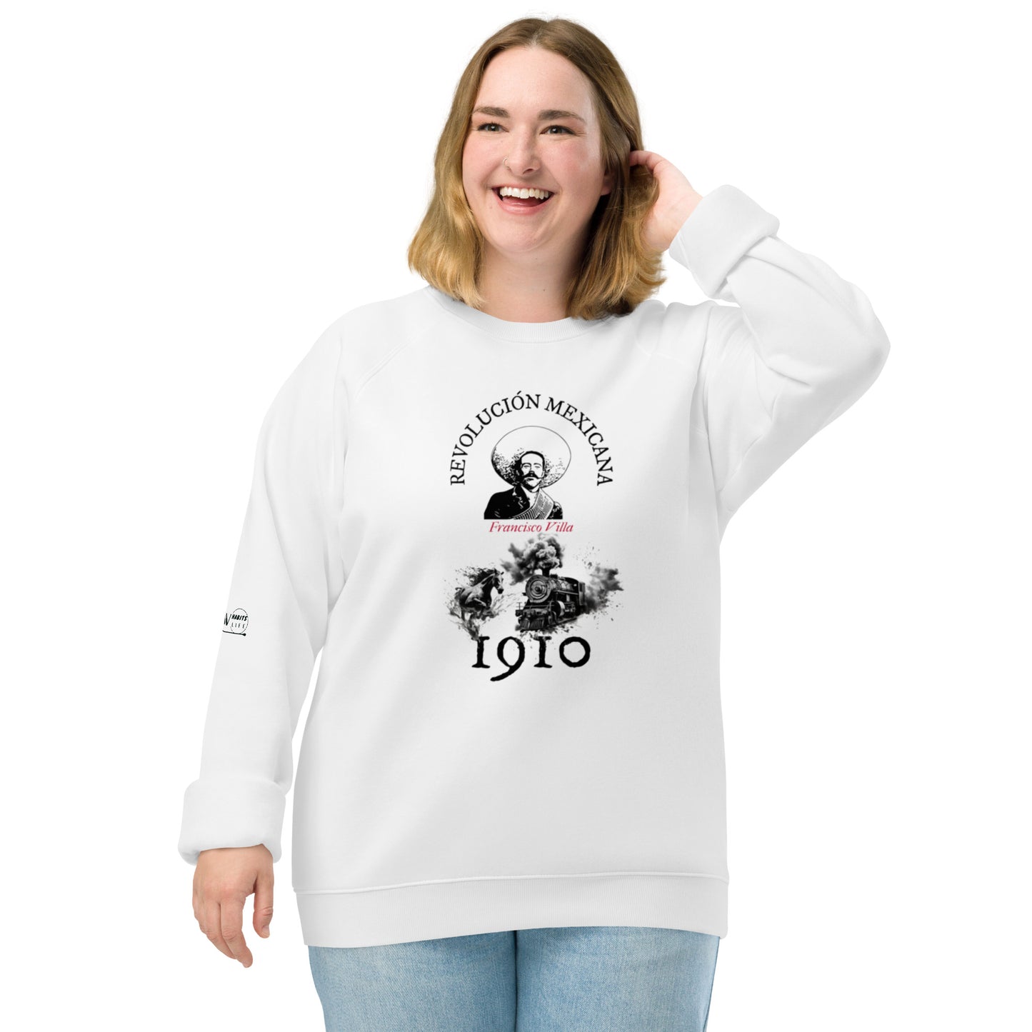 Pancho Villa organic raglan sweatshirt smiling woman front