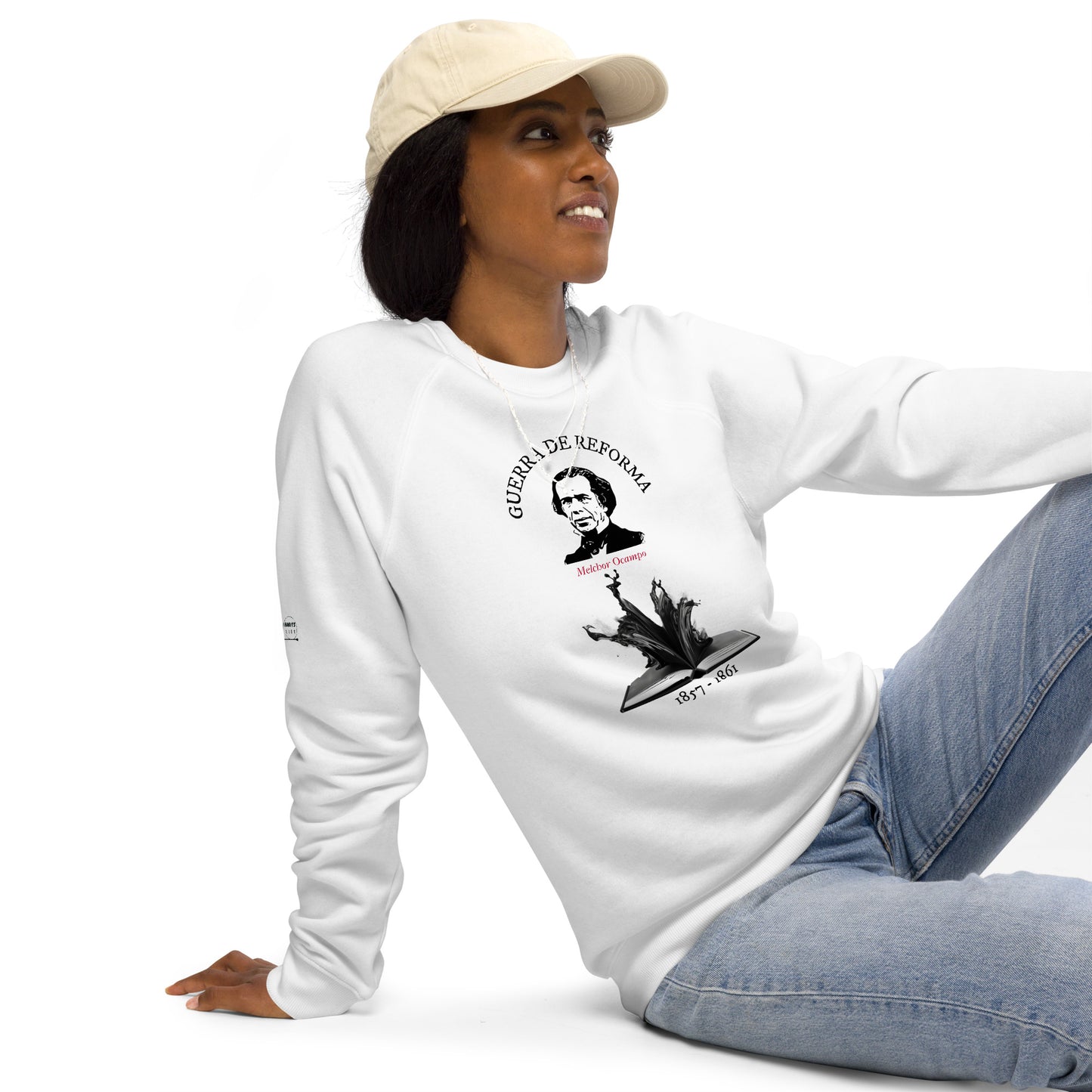 Melchor Ocampo organic raglan sweatshirt smiling woman