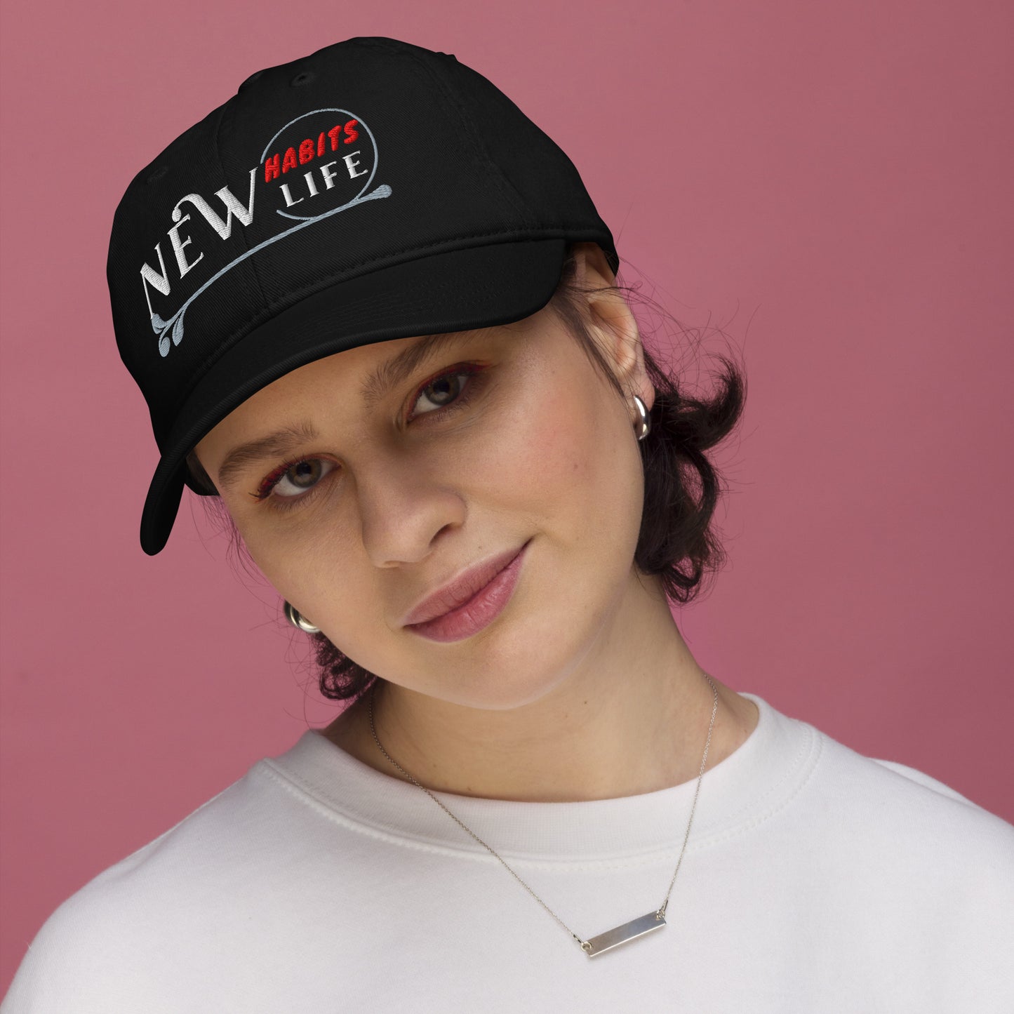 New Habits New Life White Logo Dad Hat (black color) woman