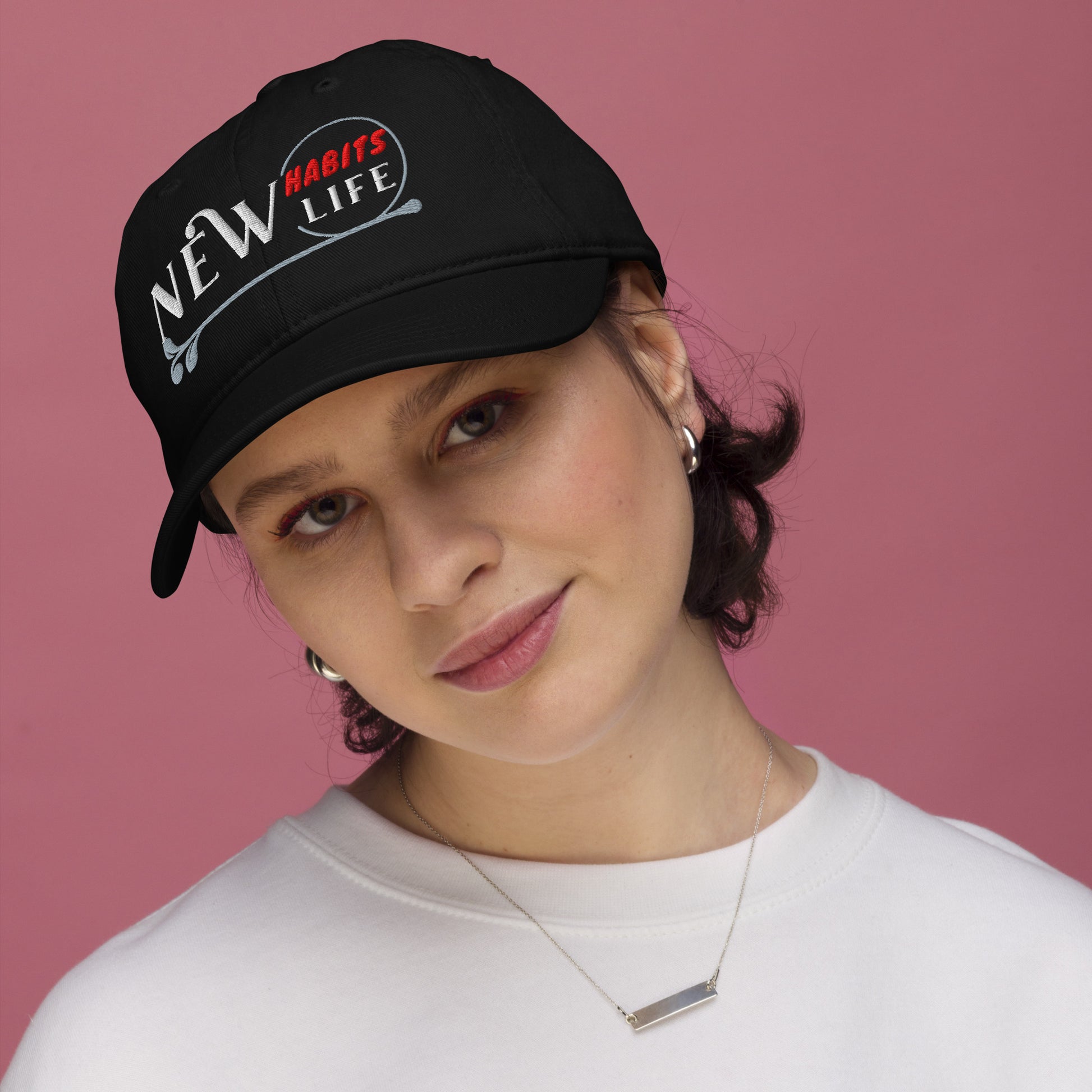 New Habits New Life White Logo Dad Hat (black color) woman