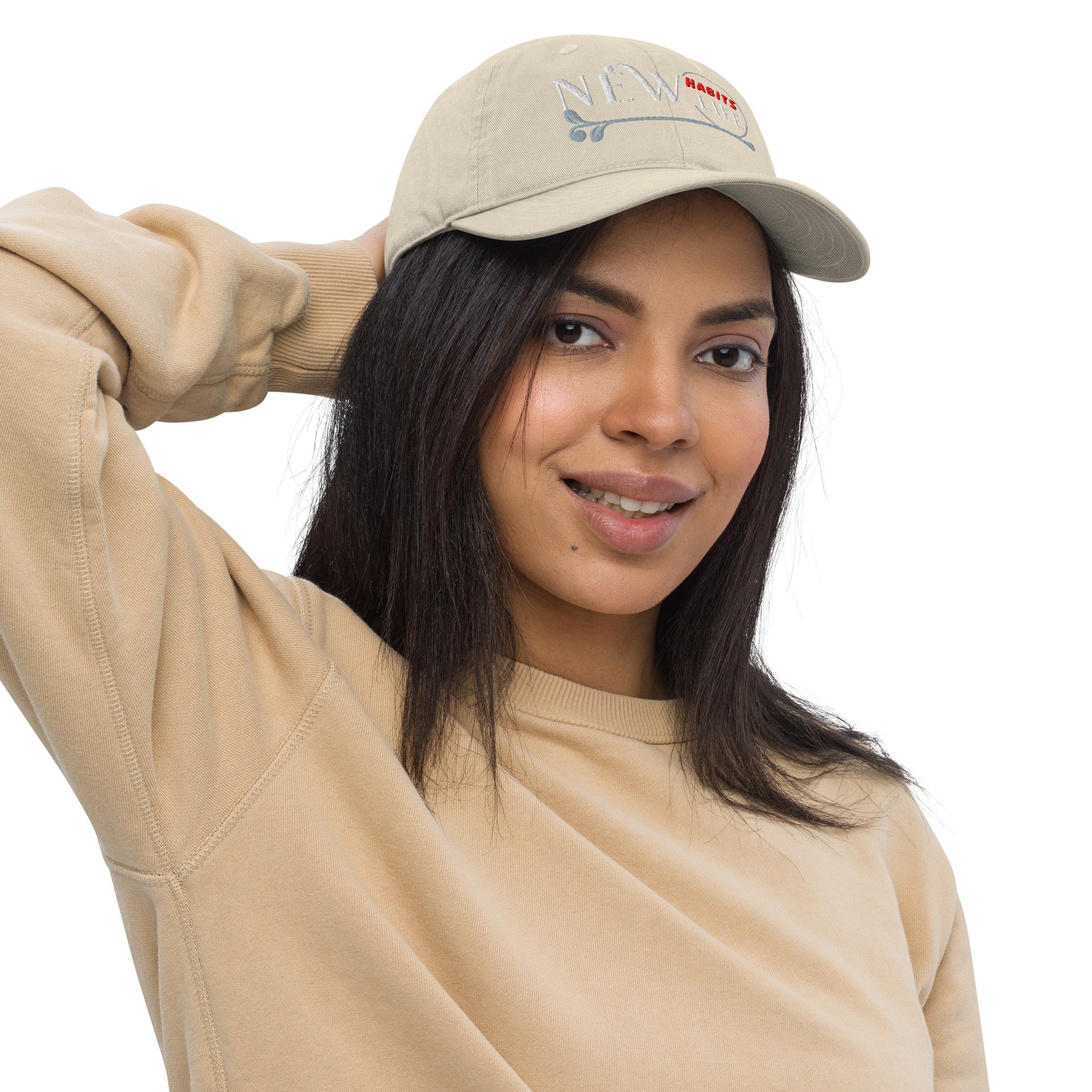 New Habits New Life White Logo Dad Hat (oyster color) woman