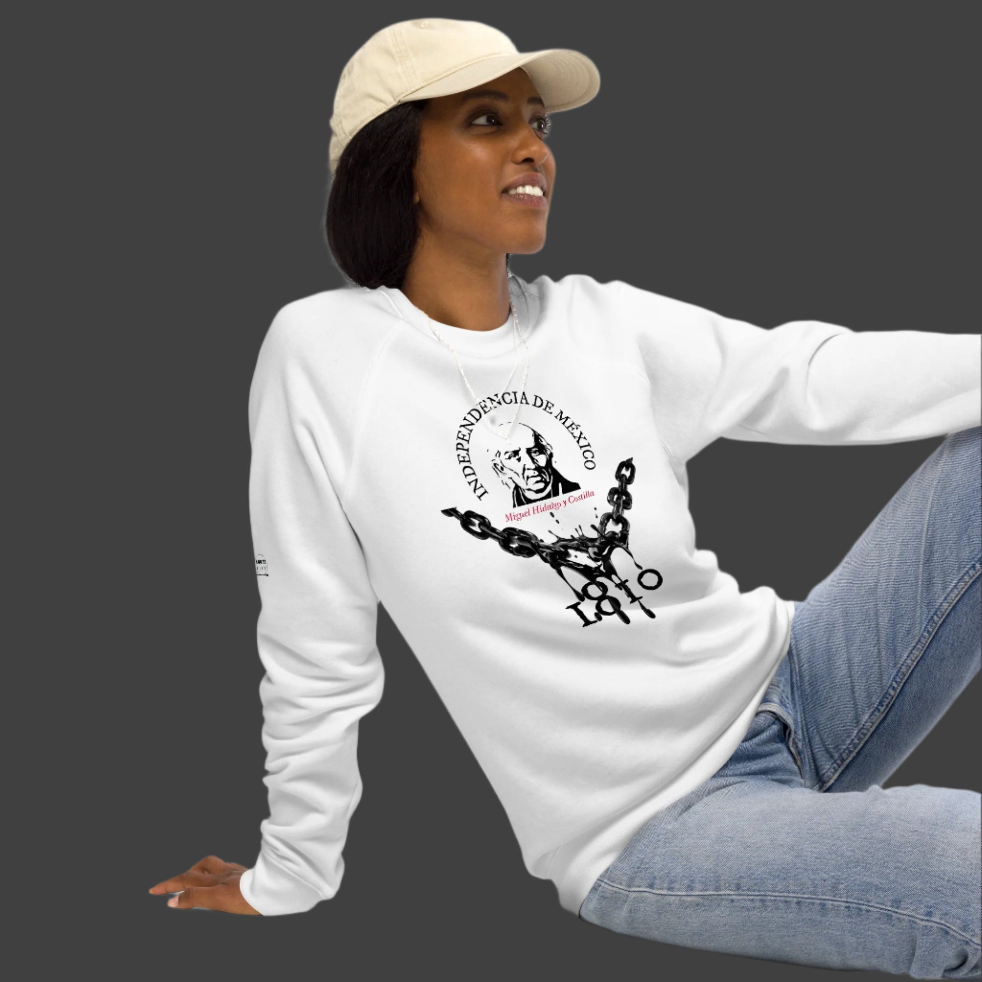 Miguel Hidalgo organic raglan sweatshirt in woman wearing a cap