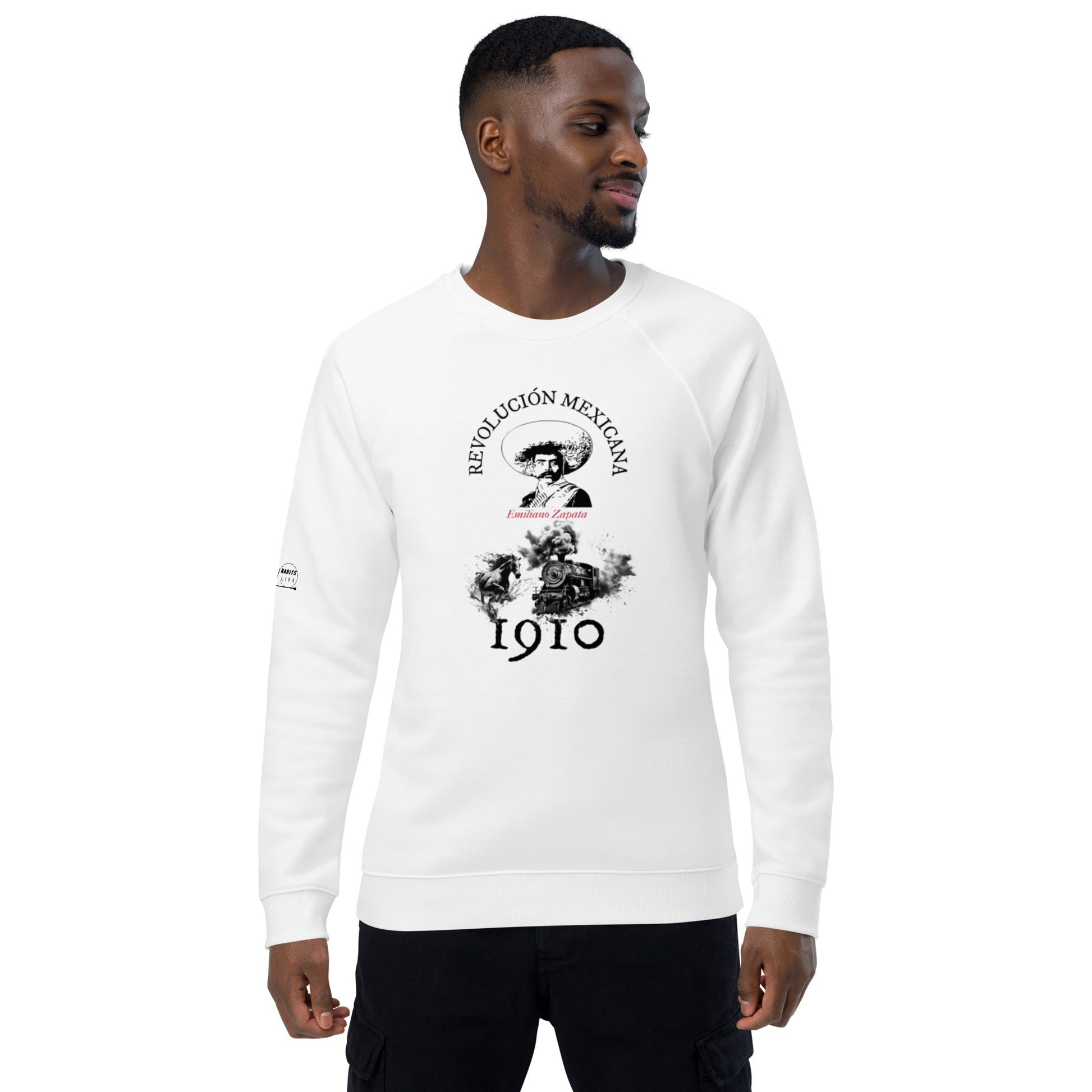 Emiliano Zapata organic raglan sweatshirt smiling man front